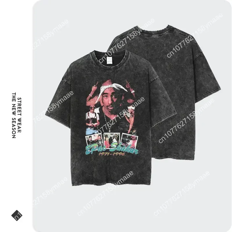 Hip Hop 2Pac T Shirt Tupac Vintage Washed Rapper Amaru Shakur T-shirts Oversized Old School Tshirts Makaveli Retro Tops Tees Men