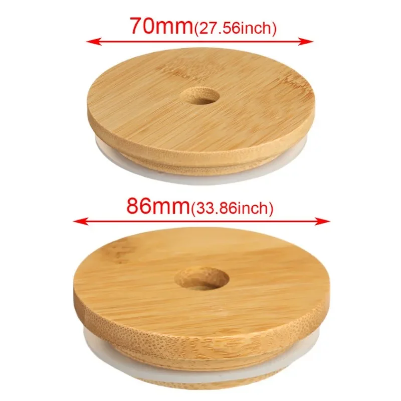 62/68/70/86mm Reusable Bamboo Wood Lids for Mason Jar Lid with Straw Hole Silicone Seal Ring Wide Mouth Cup Seal Covers Caps