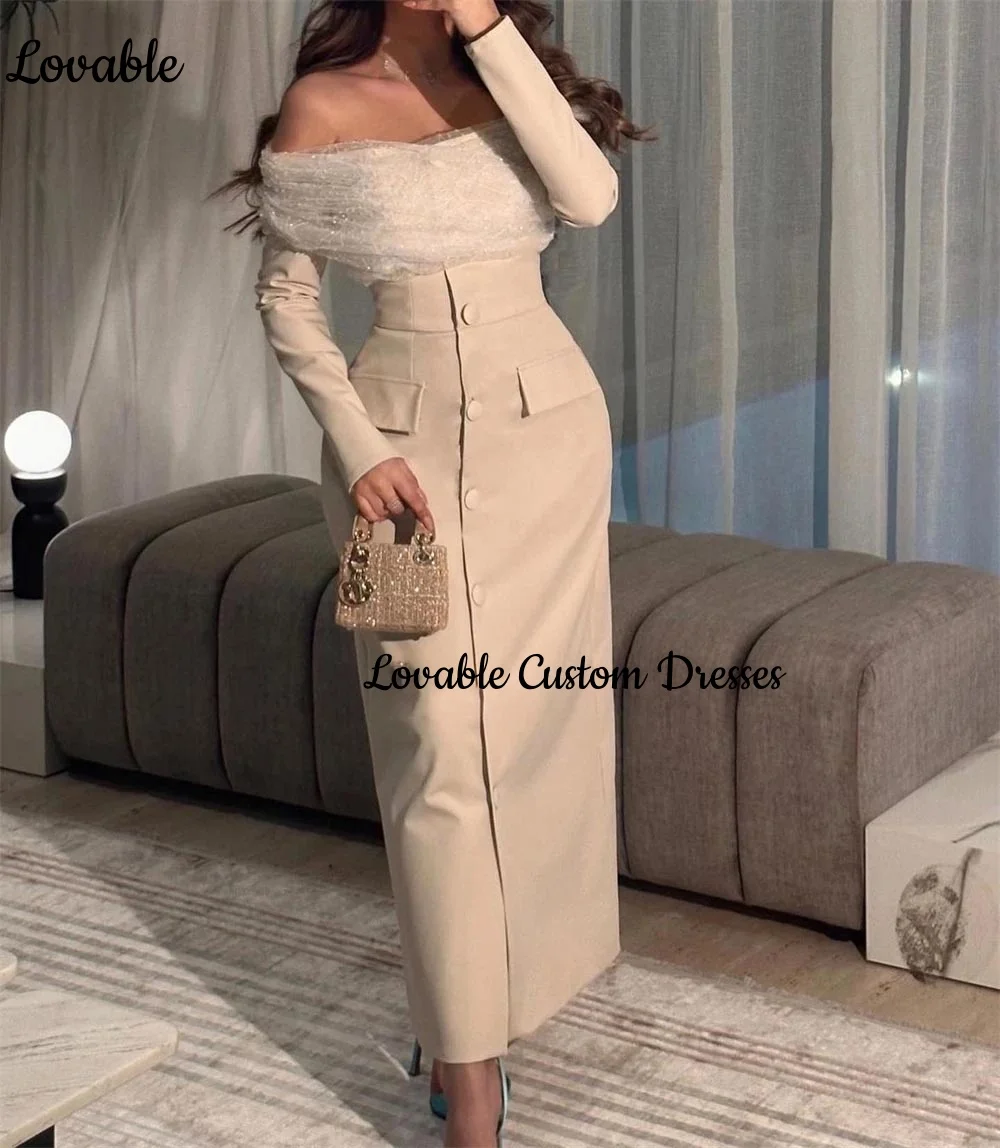 Customized Dresses For Special Occasions Column Off-The-Shoulder Neckline Ankle-Length Ruffle Evening Dresses Zipper Up Vestidos