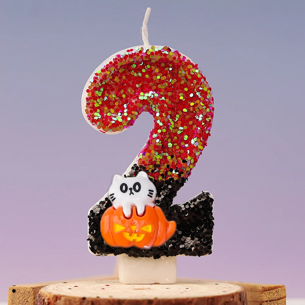 1Pcs Cute Cat Pumpkin Children's Birthday Candles 0-9 Number Halloween Festival Candle Sequin Candles 1 Year Cake Topper Decor