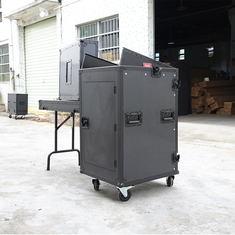 Customized Black Paint 11U Top Slanted 16U Vertical Pro Combo Rack Flight Case With Casters Side Table And Glide Platform