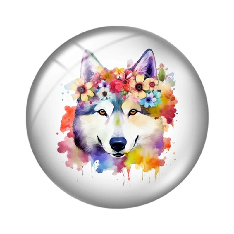 Wolf in flowers Watercolor  12mm/18mm/20mm/25mm Round photo glass cabochon demo flat back Making findings