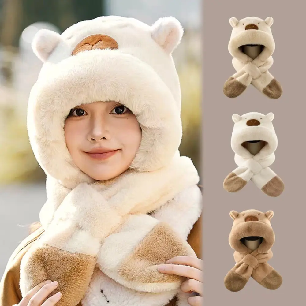 

Cute Winter Integrated Cap Scarf Thickened Windproof Winter Warm Hat Ear Protection Thermal Capybara Hooded Scarf Set