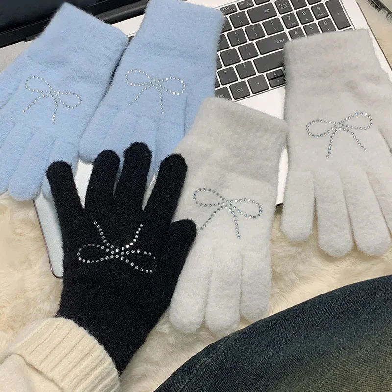 Y2K Star Rhinestone Gloves Cute BunnySweet Knitted Winter Warm Thickened Kawaii Cycling Fullfinger Gloves Women JK Accessories