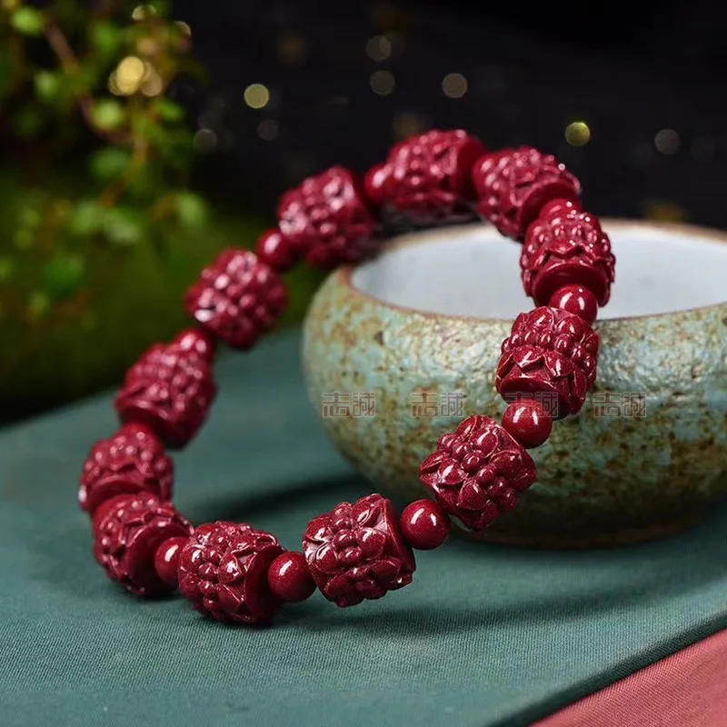 

Customized Natural Red Cinnabar Lotus Bead Elastic Bracelet Jade Round Hand Weaving Jewellery Fashion Man Woman Luck Amulet New