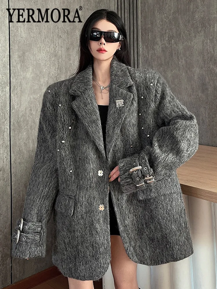 

YERMORA Gray Rivet Button Thick Casual Blazer For Women Lapel Long Sleeve Loose New Overcoat Fashion Tide Autumn Winter 2025
