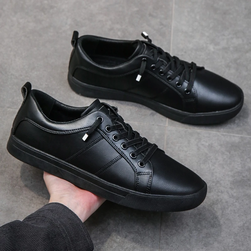 Men Leather Shoes Flat Heel Low Top Round Shallow Open Tourist Men Shoes Simple Design Large-sized Lace-up Walking Loafers Men