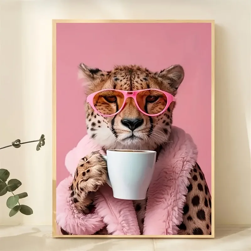 Charming Cheetah Drink Coffee Leinwand-Kunstdruck, rahmenloses Poster, perfekt für Tierliebhaber, Wanddekoration für Zuhause, Büro, Café