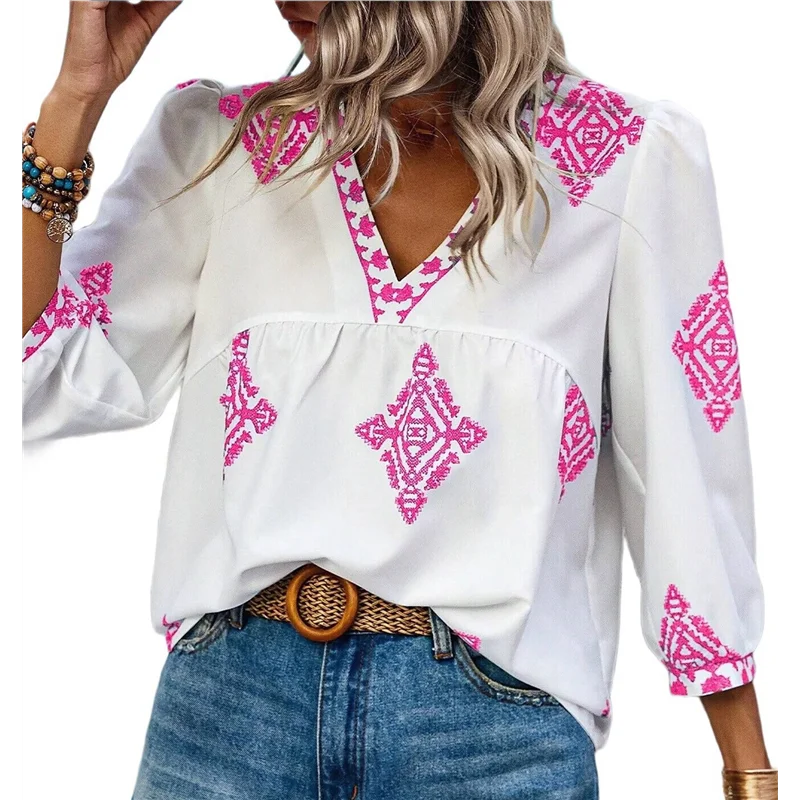 A83F-chemisiers décontractés en mousseline de soie pour femmes, col en V, imprimé Floral, manches 3/4, style Boho, hauts d'été