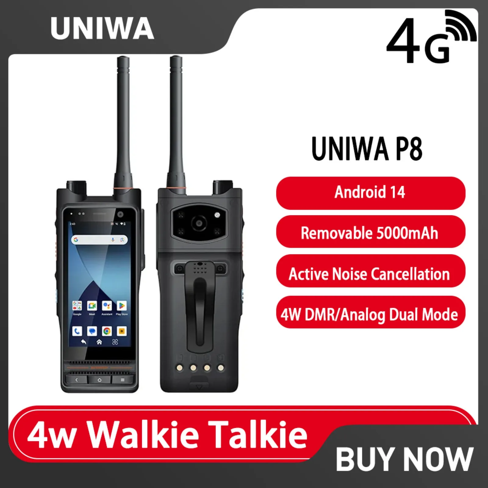 UNIWA P8 4W Watts UHF Smart Zello Walkie Talkie Android14 DMR/Analog Dual Mode Touch Screen IP68 Removable Battery 5000mAh Phone
