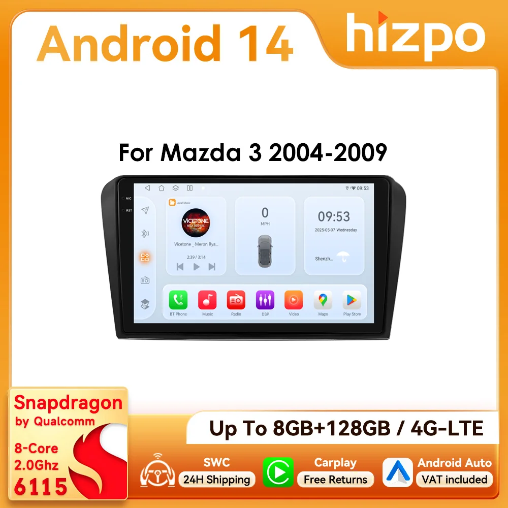 9  Hizpo 2Din CarPlay Android Auto Autoradio per Mazda 3 2004 - 2009 Snapdragon 6115 Unità principale GPS Navi 4G BT RDS DSP SWC 360 ° CAM