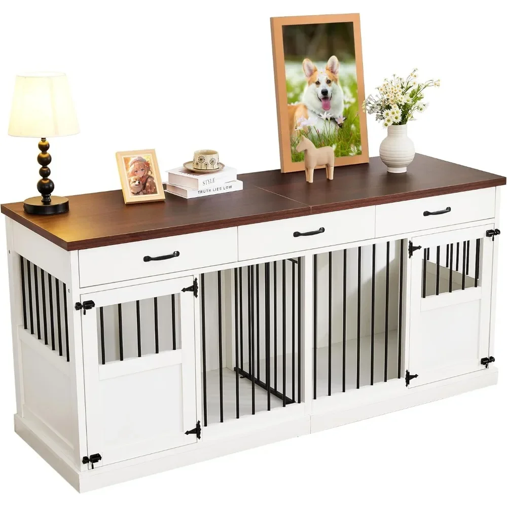 70.9 Inches Dog Crate Furniture for 2 Dogs Double Dogs Crate Wooden Heavy Duty Dog Kennel Furniture TV Stand with 3 Drawers