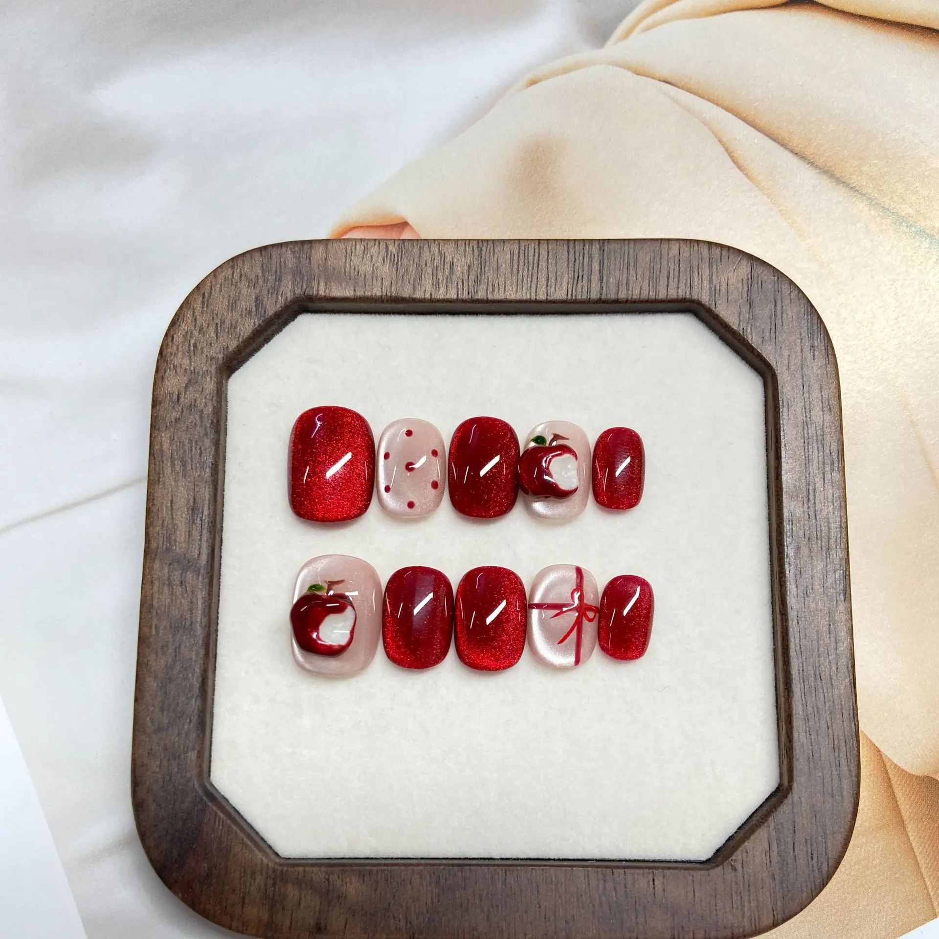 

10pcs Handmade Press on Nails New Year Red Apple Polka Dots Fake Nail for Women&Girl Short Detachable Wearable Nail Holiday Gift