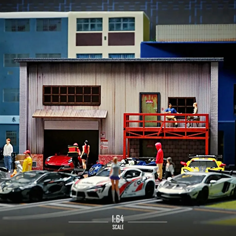 Diorama 1:64 modelo de estacionamiento americano casa pequeña edificio de madera con luces simulación coche garaje escena modelo de exhibición