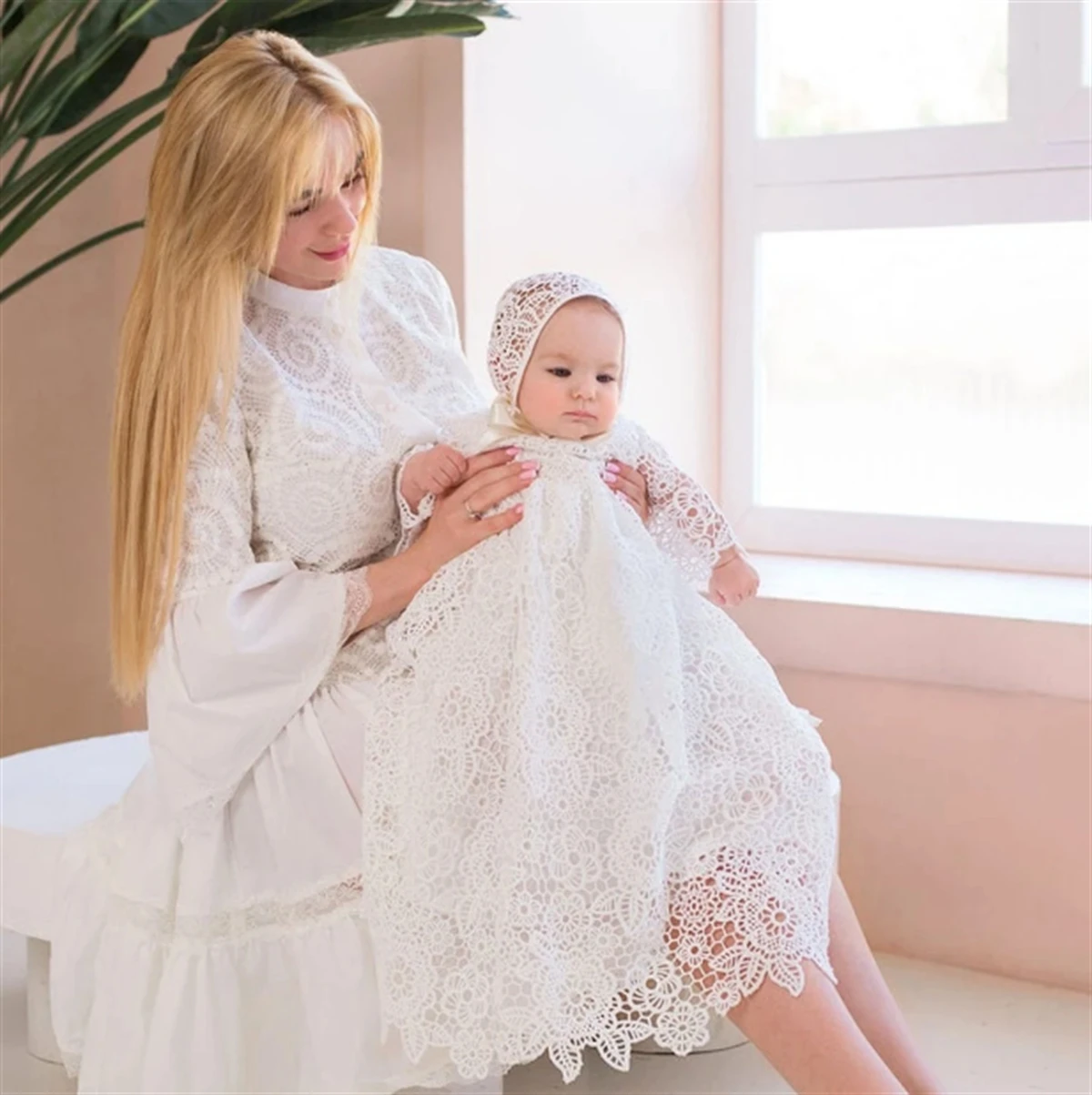 

2023 Newborn Flower Girls Dress Lace Long Sleeve Outfit Christening Gowns Toddler Blessing Wear White Baptism Dress For Baby