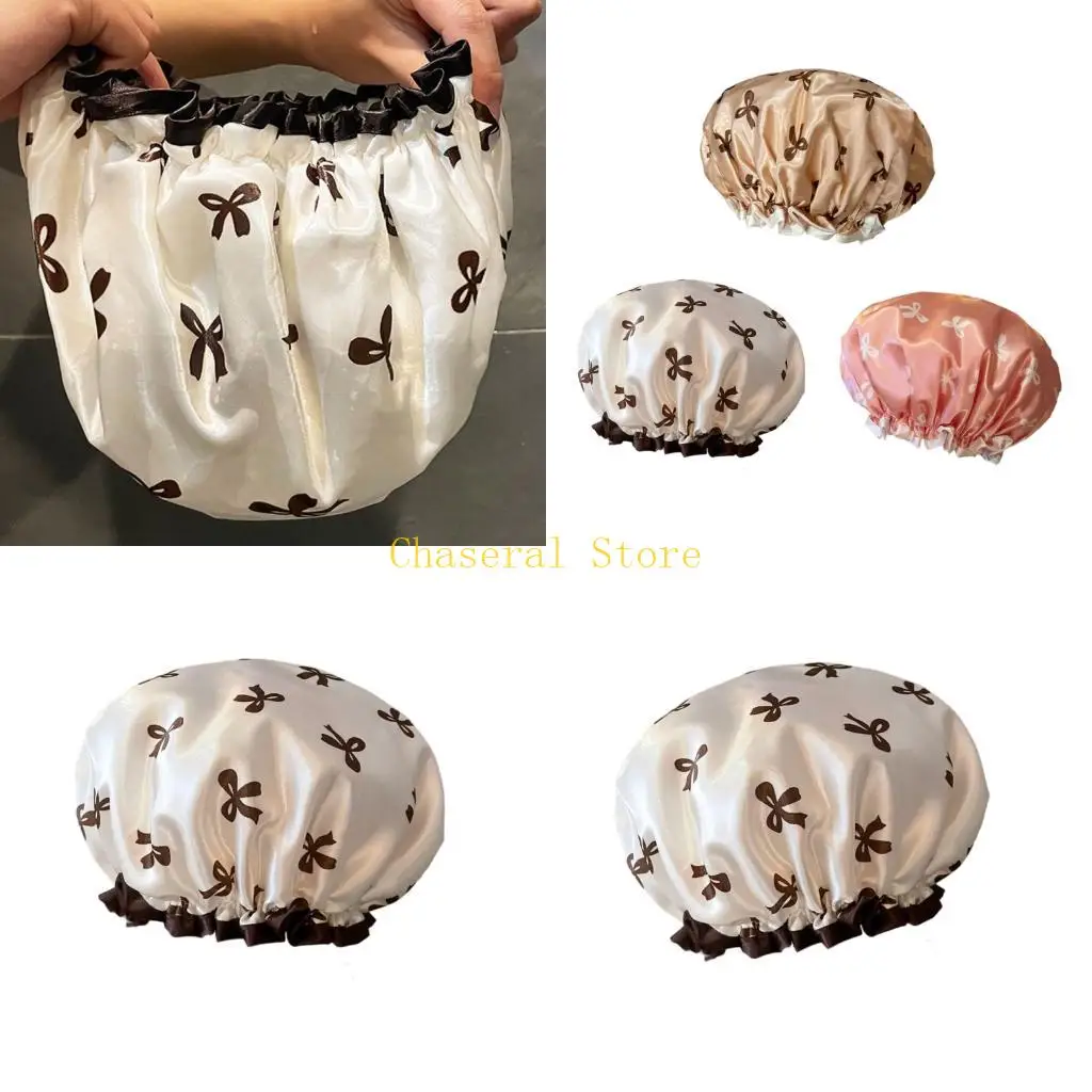 

E7CE Comfortable Adults Bath Caps Waterproof Double Layer Decorative Bows Hair Cover Friendly Women Bath Accessory
