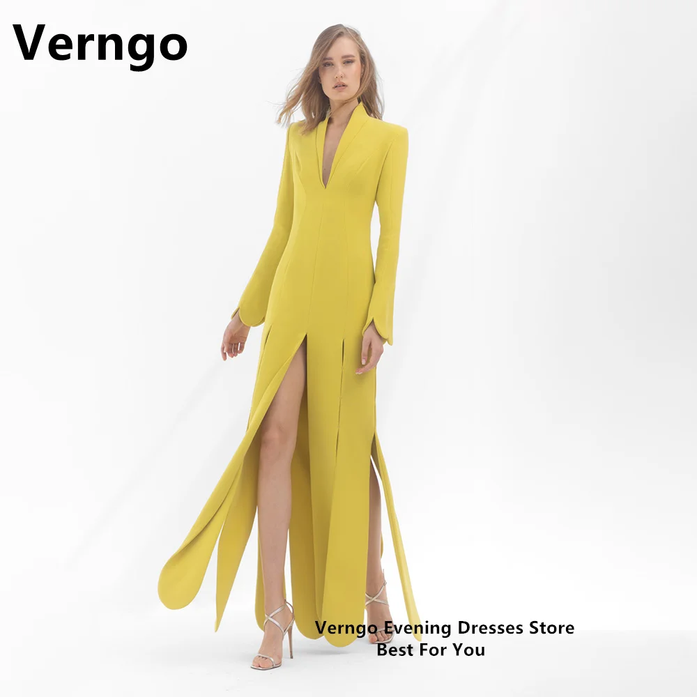 

Verngo Yellow Elastic Soft Satin Prom Gowns Women Long Sleeveles Suit Dress Split A Line Formal Gowns Deep V Neck Evening Dress