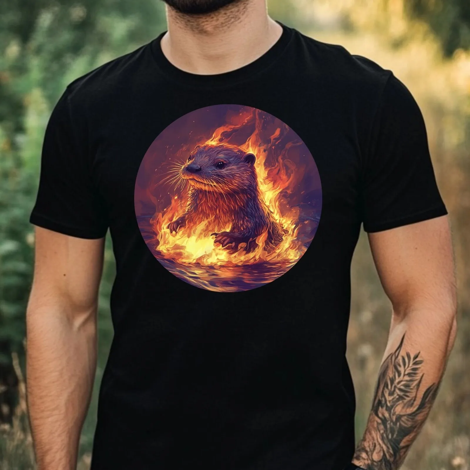 Mens Otter on Fire Motif Cotton T-Shirt Size XS to 5XL