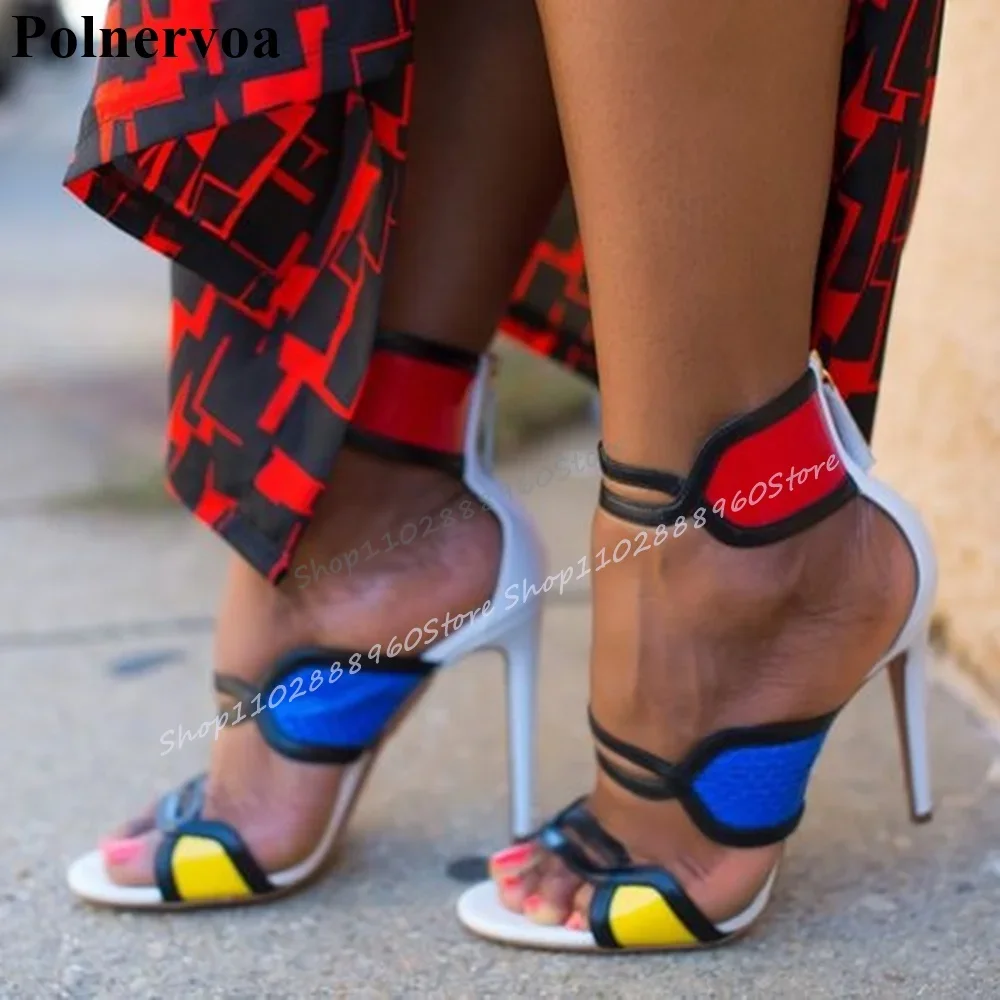 

Trending Mixed Color Casual Sandals Thin High Heel Shoes For Women Back Zipper Open Toe 2025 Fashionable Zapatos Para Mujere