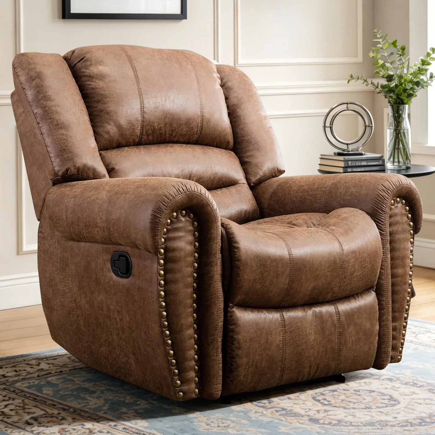 Manual Leather Recliner Chair, Classic and Traditional Recliner Chair with Comfortable Arms for Living Room