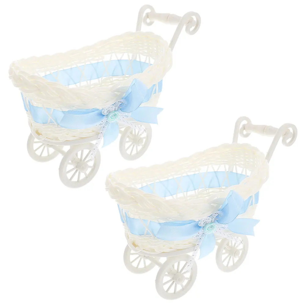 

2Pcs Miniature Simulated Rattan Cart Baskets Strollers Baby Carriage Decor Storage Cute Home Party Favors Basket