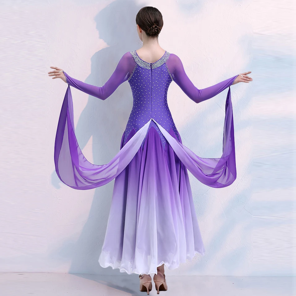 Floating Sleeves Round Neck Diamond Gradient Women Ballroom Dance Competition Dress Waltz Dress Rumba Dance Costumes Ball Gown