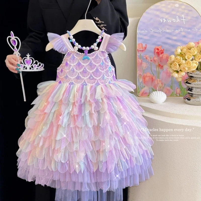 

A Sweet and Lovely Girls' Mermaid Dress in Light Purple, 2025 New Colorful Sparkling Sequin Party Outfit