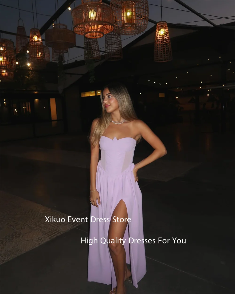 Xikuo – Robe de soirée en mousseline de soie, sans bretelles, fente latérale, ligne A, panneau transparent, Robe de Cocktail froncée, drapée, personnalisée