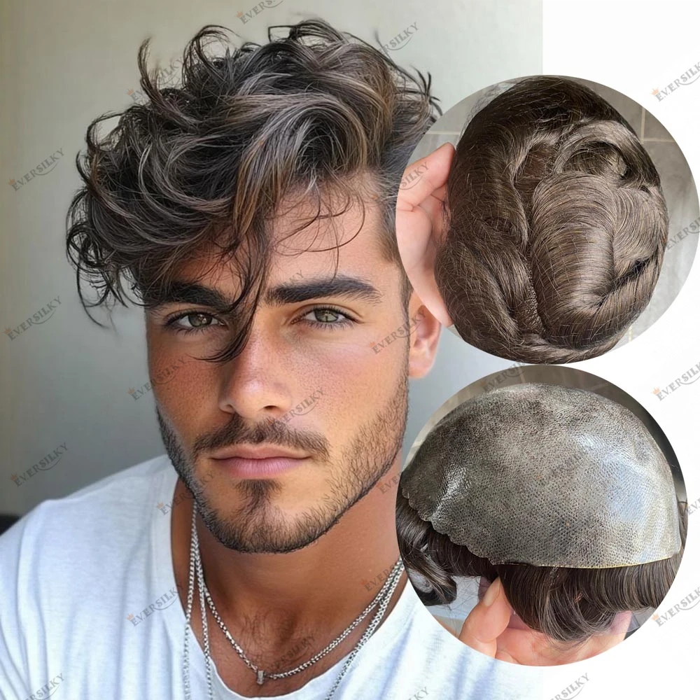 

1B10 #4 Black Brown Gray Human Hair Men's Toupee Cheapest Thin Skin Comfort PU Base Hair Replacement System Natural Hairline Wig