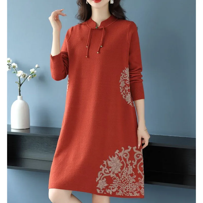 Jesienno-zimowa sukienka swetrowa z kołnierzykiem cheongsam, damska, dzianinowa, długa, luźna, elegancka sukienka dzianinowa, sukienki damskie, vestidos