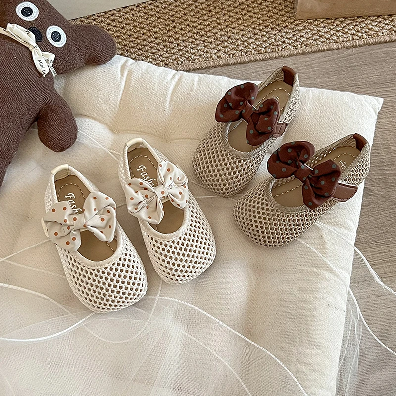 

Summer Girl's Sandals Bow-adorned Net Fabric Sweet Kids Princess Flats Breathable Soft Sole Shallow Kids Casual Shoes 23-32