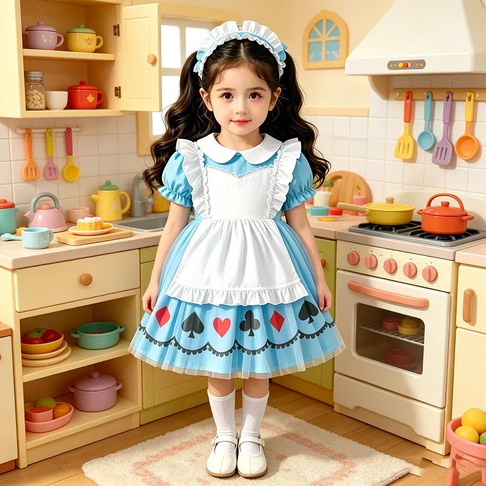 Kids Apron Maid Play Tulle Dress Short Puff Sleeve Lolita Princess Outfit Girls Alice Dress Up Costume Birthday Party Dress ZD36