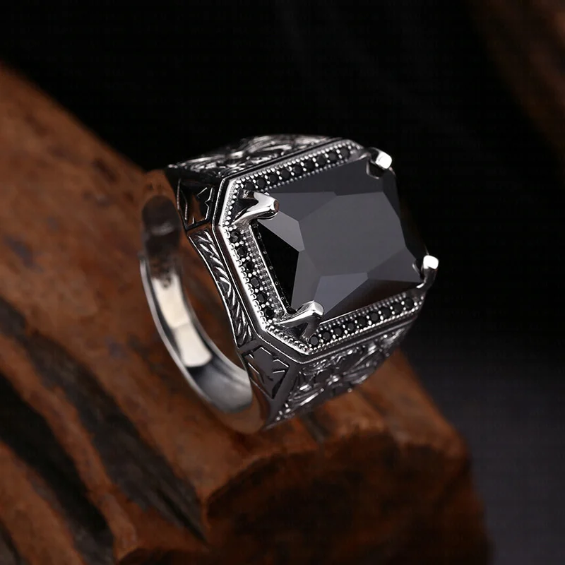 BOCAI S925 Sterling Silver Rings for Men Retro Eternal Rattan Pattern Inlaid Black Zircon New Fashion Punk Jewelry ﻿Wholesale