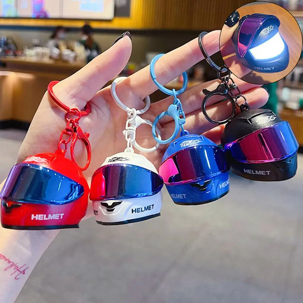 Cool Mini Motorcycle Helmet LED Keychain Light Up Biker Key Ring Creative Backpack Pendant Charm Car Keyring Rider Gift