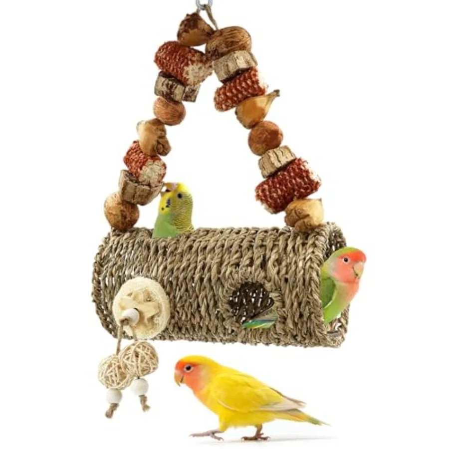 

Bird Nest for Cage with Natural Chewing Toys, Hanging Bird Tunnel Bed with Sturdy Metal Frame and Handwoven Breathable Seagrass