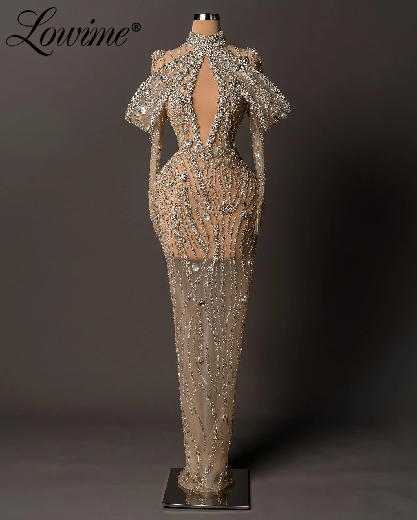 

﻿ Robe De Soiree 2025, роскошные вечерние платья цвета шампанского с кристаллами, платье знаменитости с длинными рукавами, индивидуальное свадебное платье для выпускного вечера