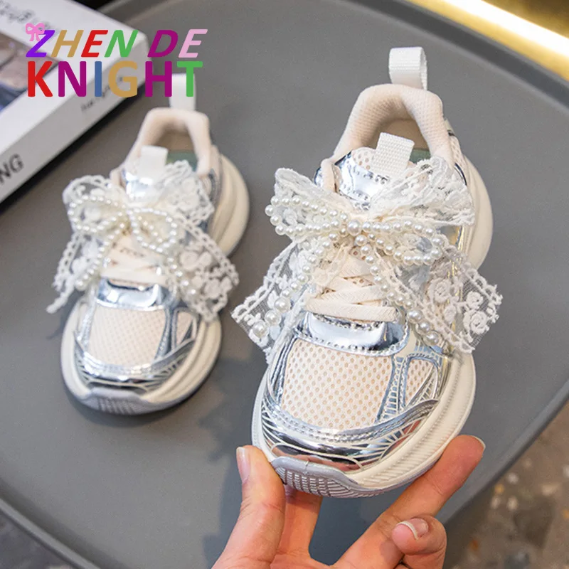 

2025 New Lace Bowknot Boys White Shoes Girls Breathable Mesh Casual Lightweigh Soft Sole Sneakers Kids Running Shoes