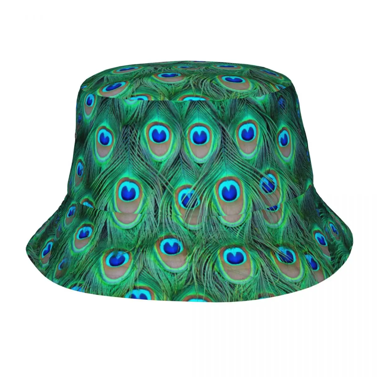 Peacock Feather Print Unisex Casual Sun Hat Bucket Bob Hip Hop Cap Fisherman Panama