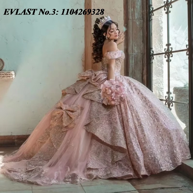 EVLAST Customized Pink Ball Gown Quinceanera Dress Tulle Appliques Flowers Bow Sweet 15 16 Years Birthday Party Gown E3Q154