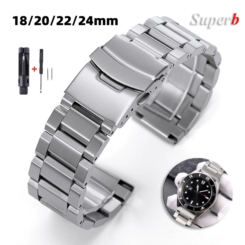 Massives Edelstahl-Uhrenarmband für Seiko 18 mm, 20 mm, 22 mm, 24 mm, silbernes Armband für Samsung Galaxy Watch Faltschließe