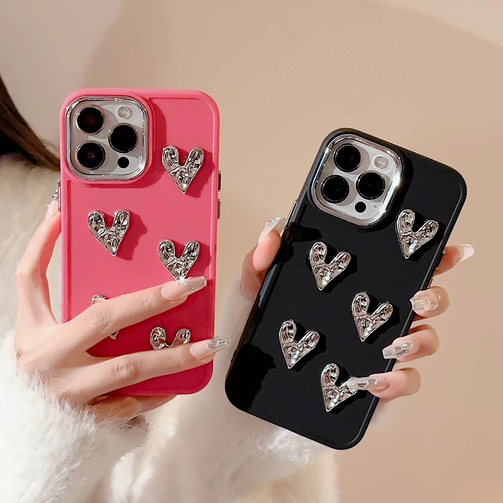 Luxury 3D Silver Love Heart Silicone Phone Case For iPhone 14 Pro Max Plus 11 12 13 Promax 12Pro XSMax XR Soft Cover Funda Women