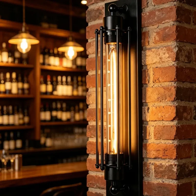 for Industrial Style Retro Flute Wall Lamp American Restaurant Bar Clear Corridor Aisle Wrought Iron Glass Tube Sconce