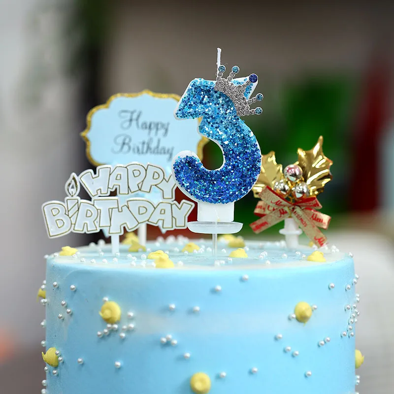 2nd Birthday Cake Topper Colour Changing Creative Number 2 Candle Princess Crown Girl 1st Happy Birthday Party Decoration Blue