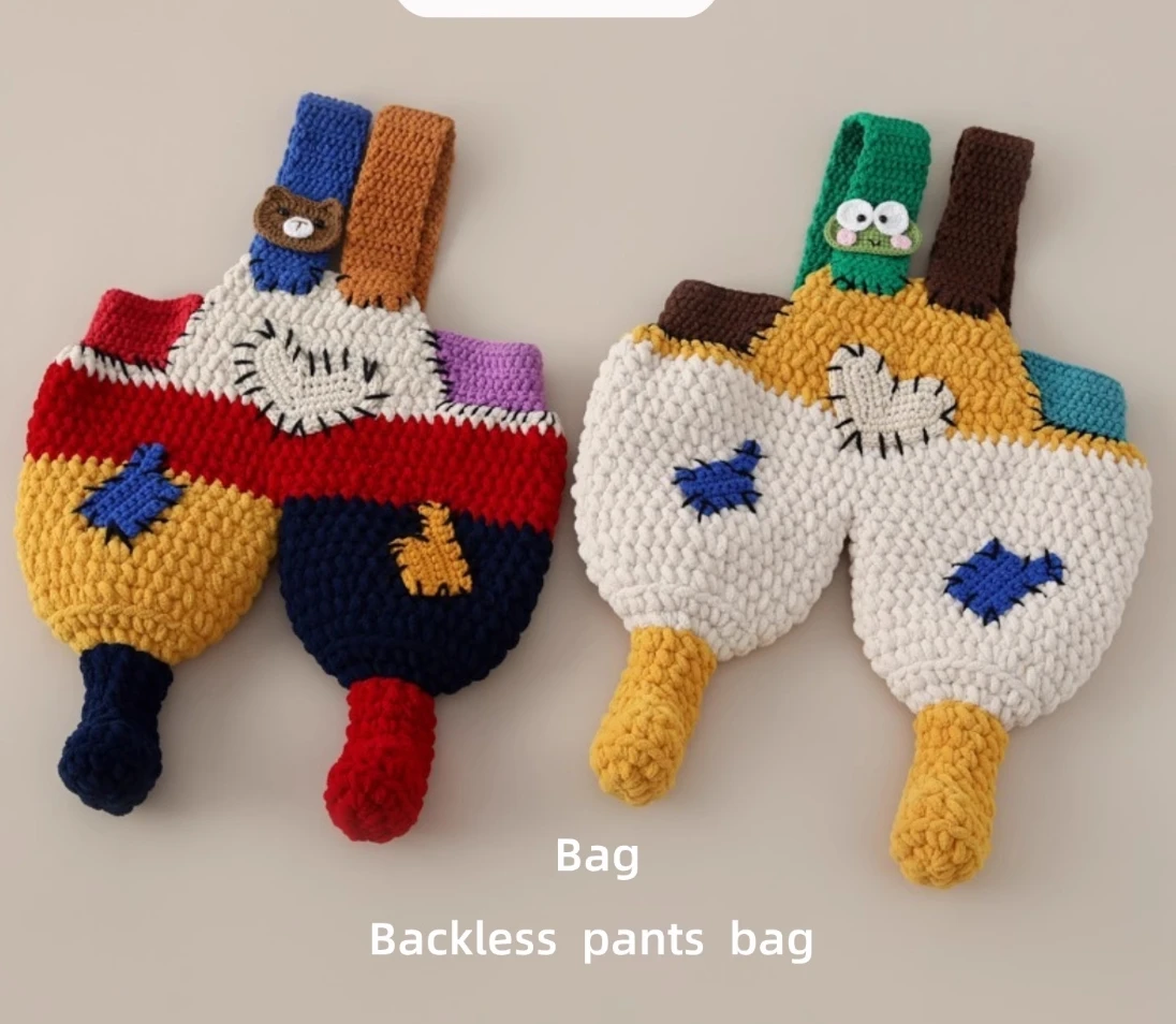 

Finished product original design handmade crochet overalls handbag wool knitting contrast color cartoon small bag creative homem
