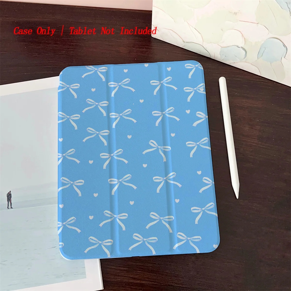 Elegant Blue Background & White Bow Tiny Hearts iPad Cover For Apple iPad 9th/10th Gen Air 5 Pro 12.9 Mini 6 Shockproof Case