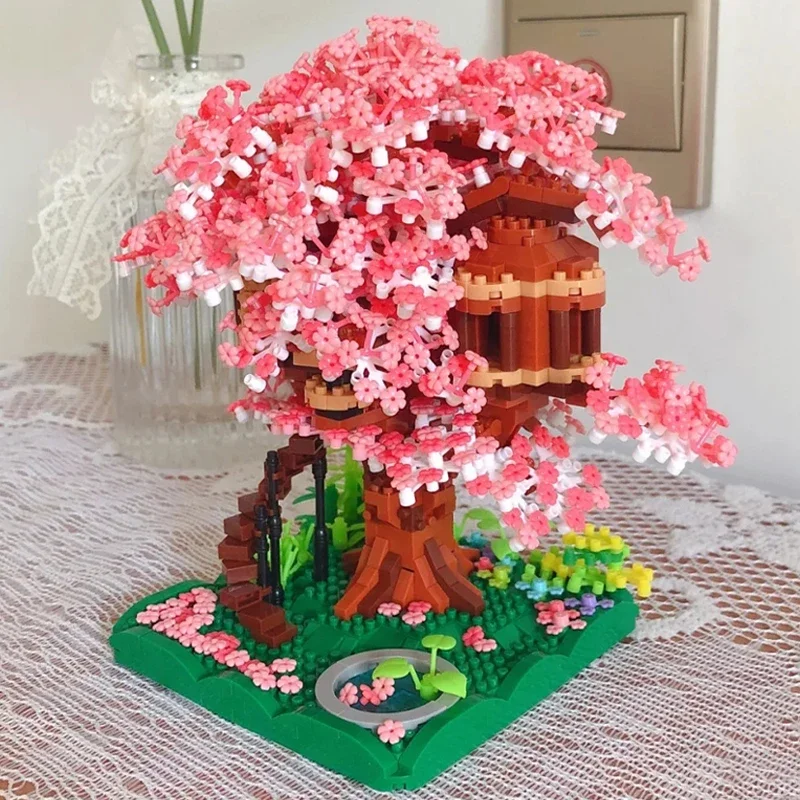 LHCX 605 World Architecture Cherry Blossom Tree House Sakura Flower Garden Grass Mini Diamond Blocks Bricks Building Toy No Box