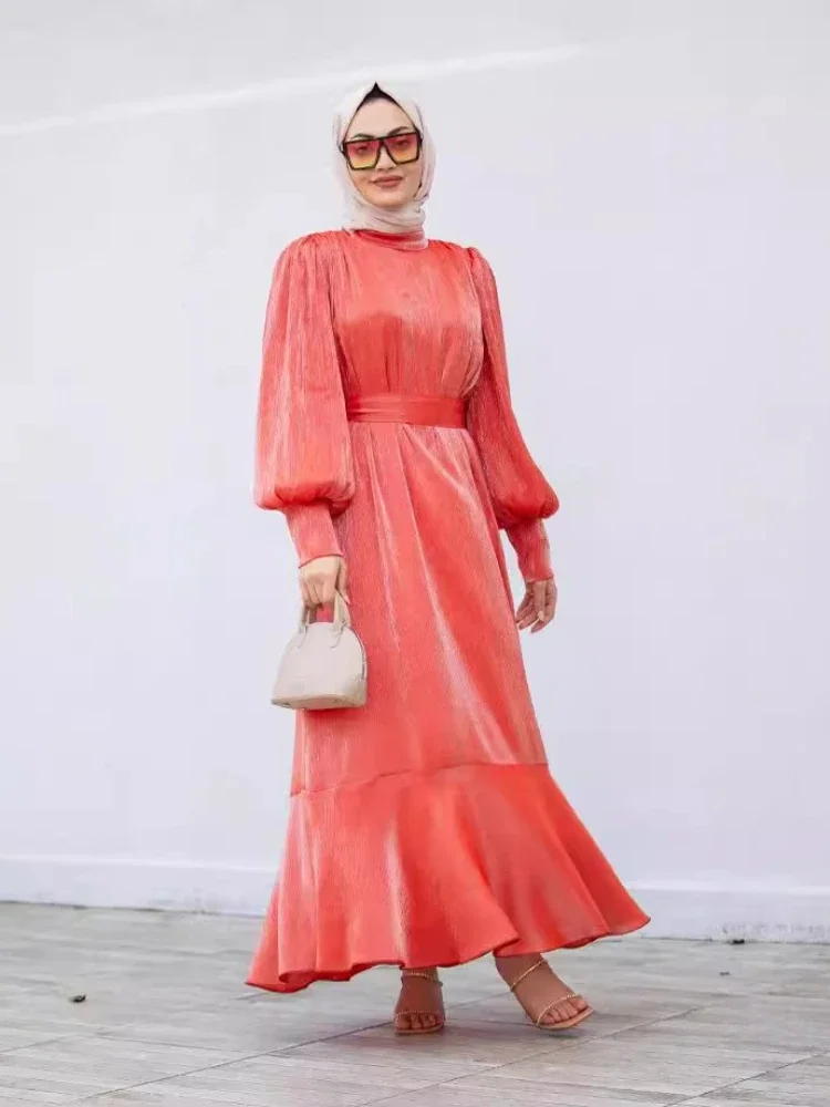 Eid Muslim Party Dress for Women Ramadan Lantern Sleeve Long Dress Belt Morocco Kaftan Vestidos Largos Dubai Robe Jalabiya 2024