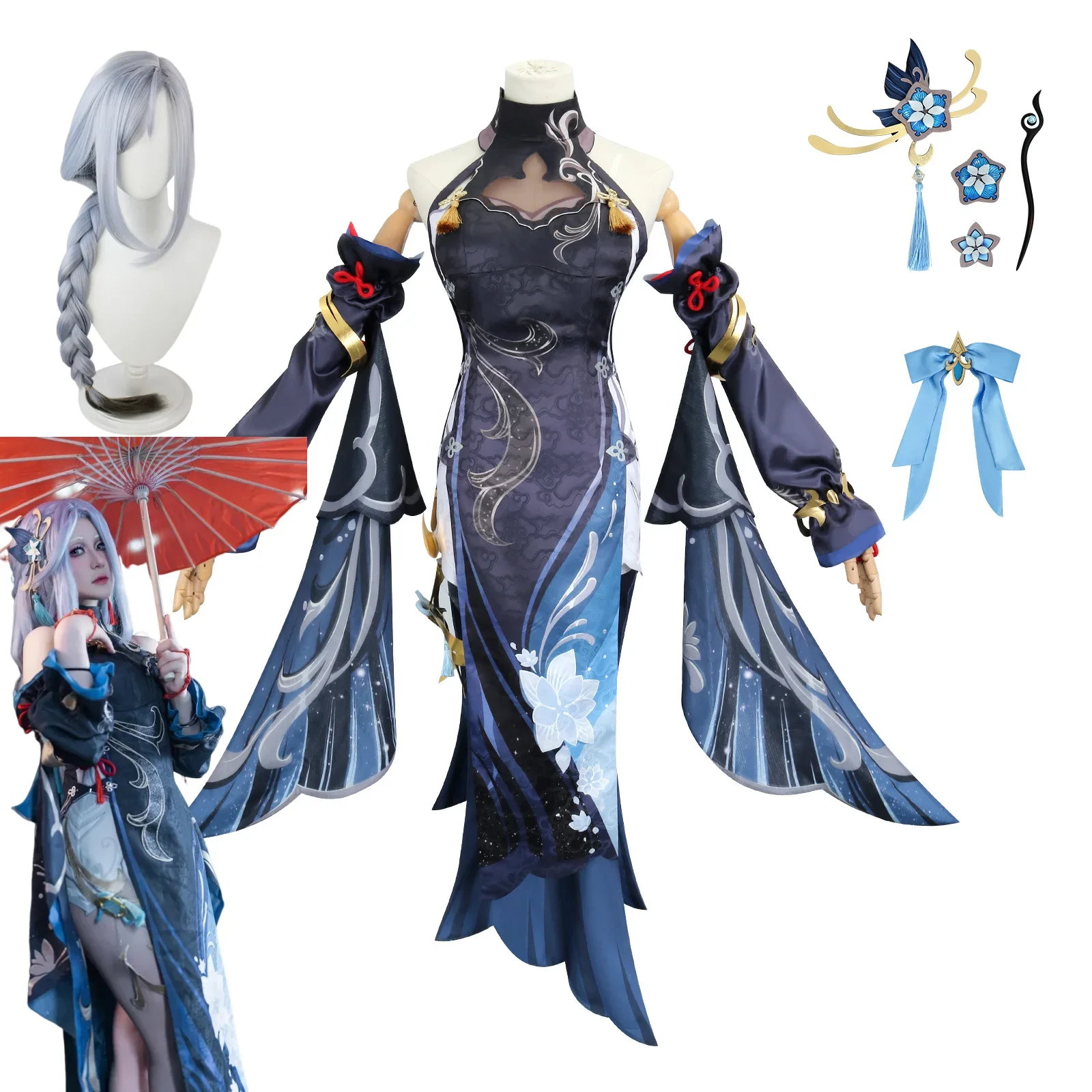 

Frostflower Dew Shenhe Cosplay Costume Genshin Impact Adult Uniform Wig Anime Halloween Costumes Women Game Character Outfit
