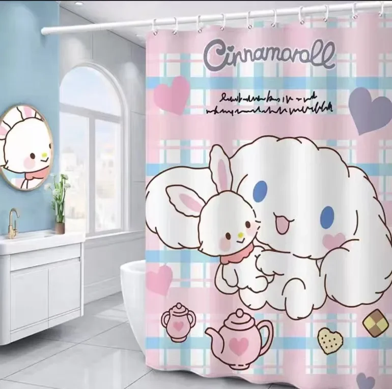 Kawaii Sanrio Cinnamonroll My Melody Kuromi Cartoon Shower Curtains Waterproof Polyester Bathroom Curtain with Hooks Gift