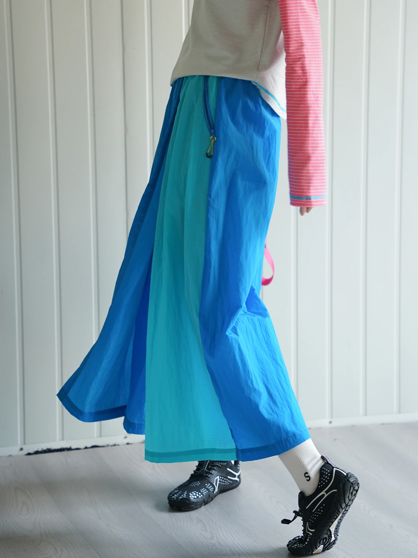 

NBN Color Block Summer Thin Asymmetric Breathable Skirt Pants Outdoor Casual Dopaamine Vintage Wide Leg Nine Points Women's P...